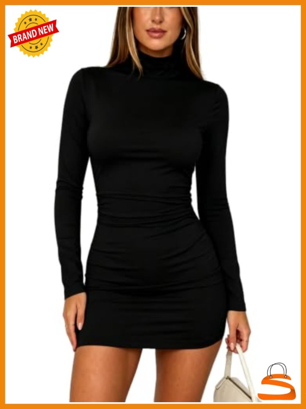 Womens Turtleneck Long Sleeve Bodycon Mini Dress Ruched Slim Fit Casual
